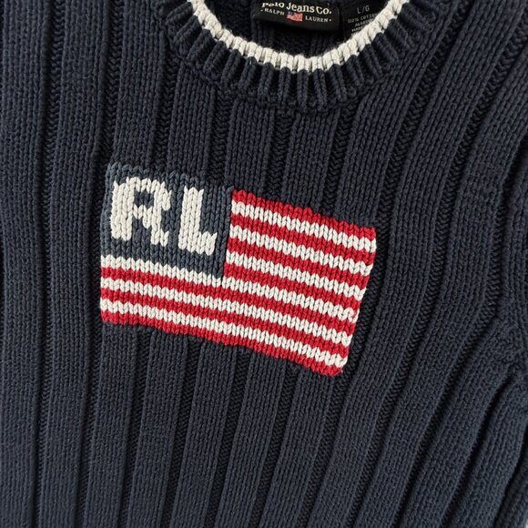 Ralph Lauren Flag Sweater USA Women Red White Blue Large Cotton Knit Ribbed Crew - Picture 2 of 12